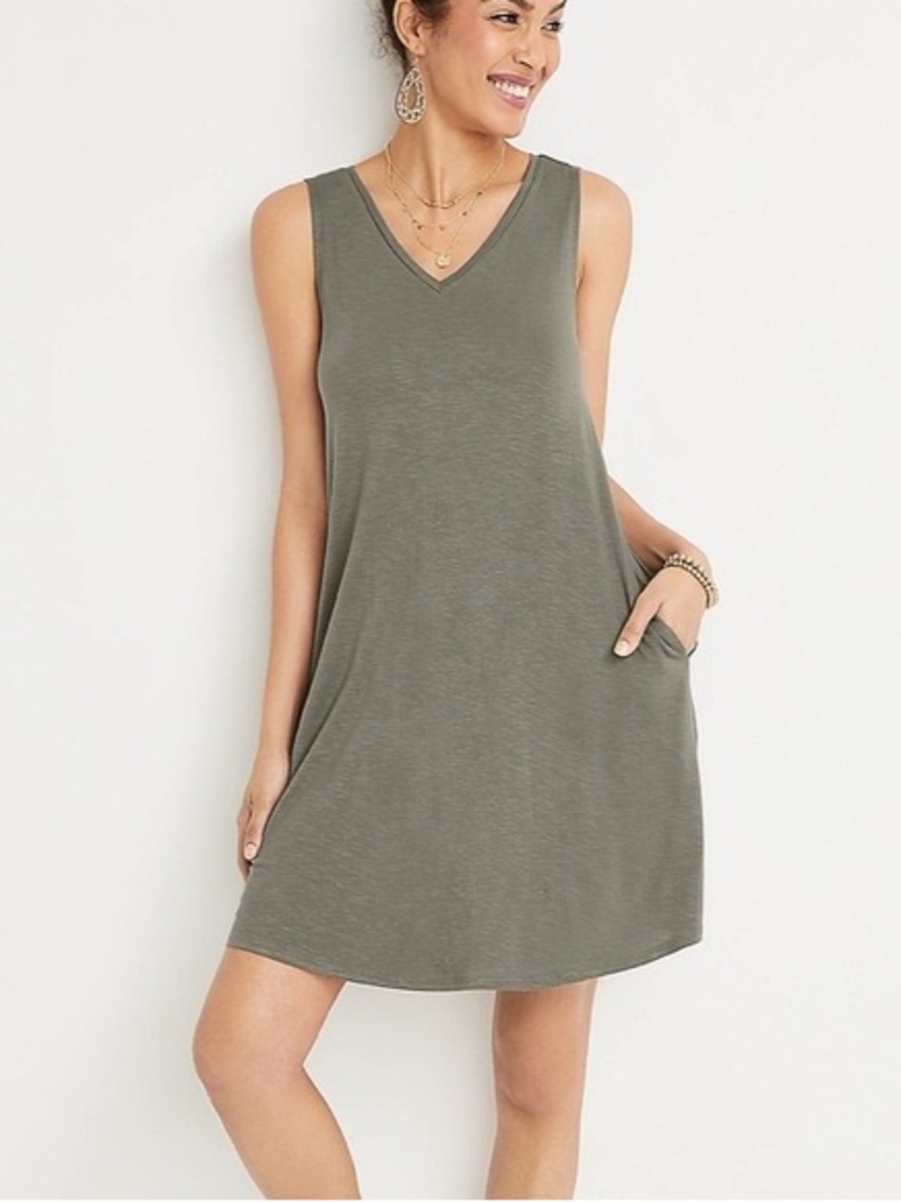 Maurices 24/7 Olive Green Sleeveless Shift Dress V-neck Pocket Small Women’s